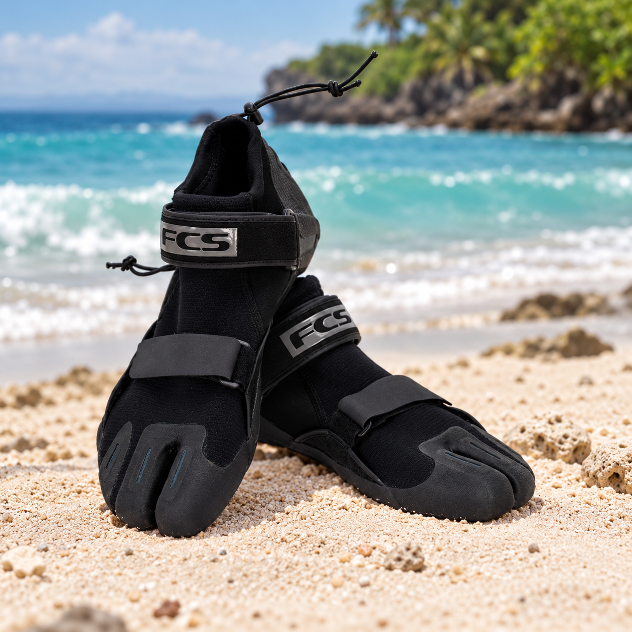 FCS reef booties on tropical beach sand — Jungle Surf best sellers