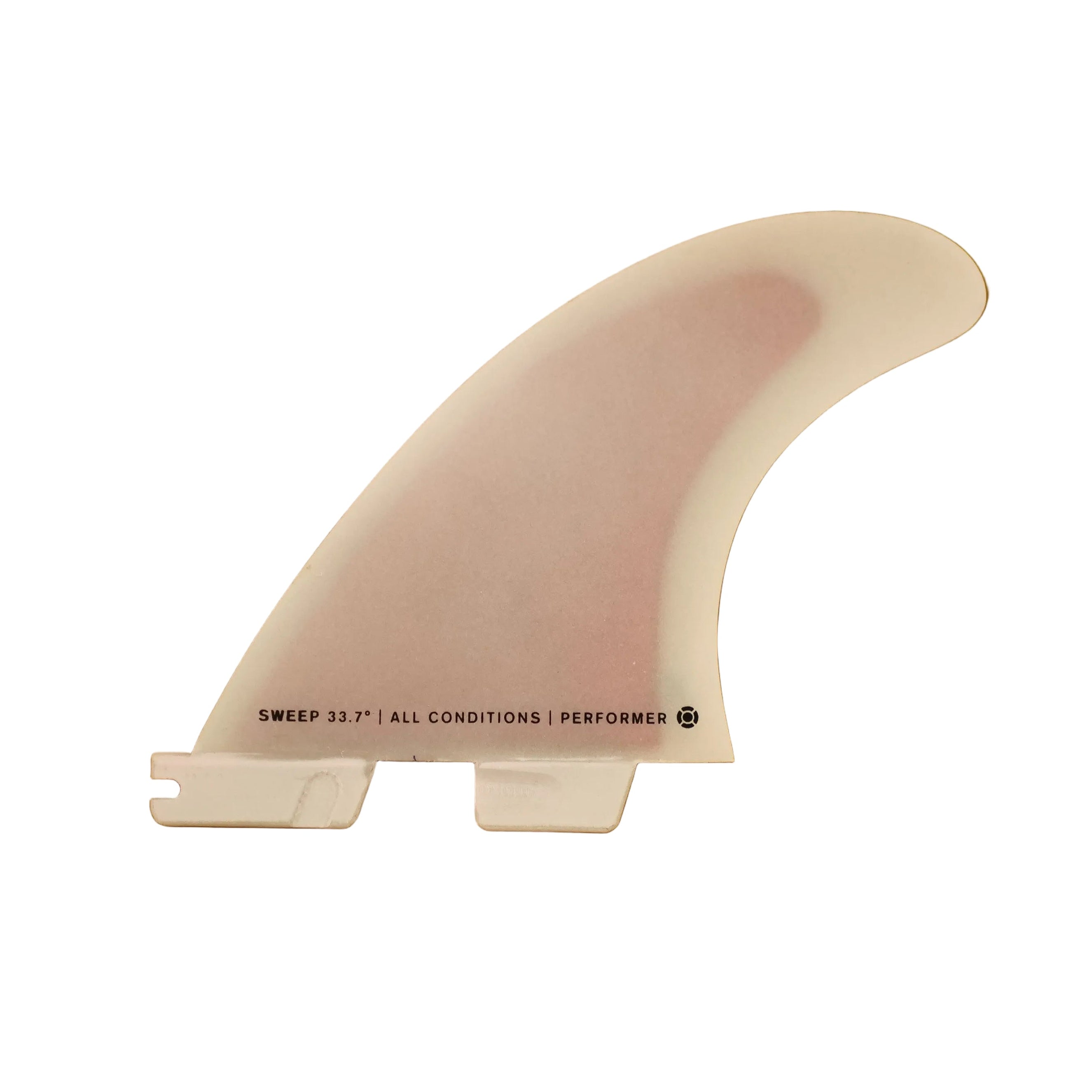 A white surfboard fin blank with black printed text reading 'SWEEP 33.7" | ALL CONDITIONS | PERFORMER' resting on a warm brown wooden surface.