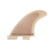 A white surfboard fin blank with black printed text reading 'SWEEP 33.7" | ALL CONDITIONS | PERFORMER' resting on a warm brown wooden surface.