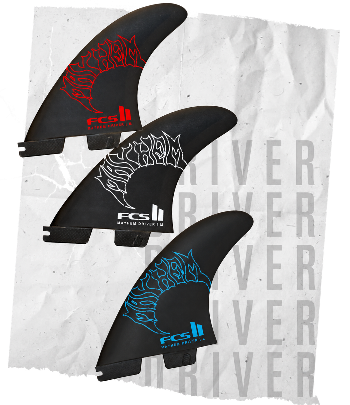 FCS II Mayhem Driver fin artwork on torn paper