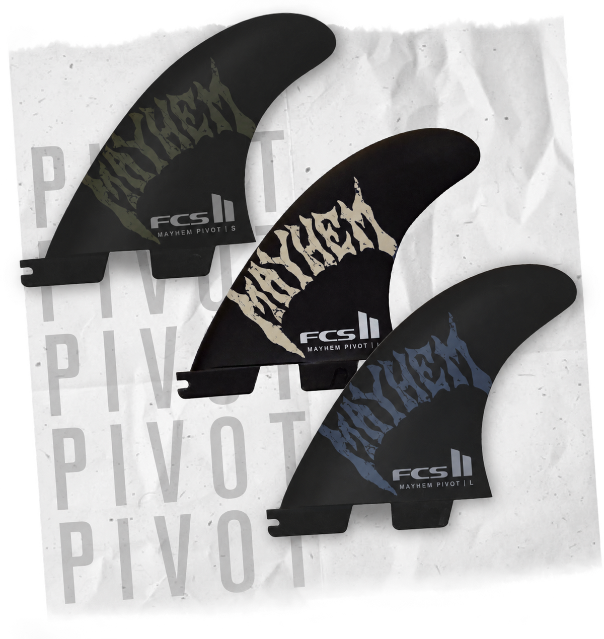 FCS II Mayhem Pivot fin artwork on torn paper