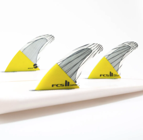 FCS II Yellow Clear Carbon Stripes Carver PCC Thruster Fins In Surfboard - Jungle Surf Store Bali Indonesia